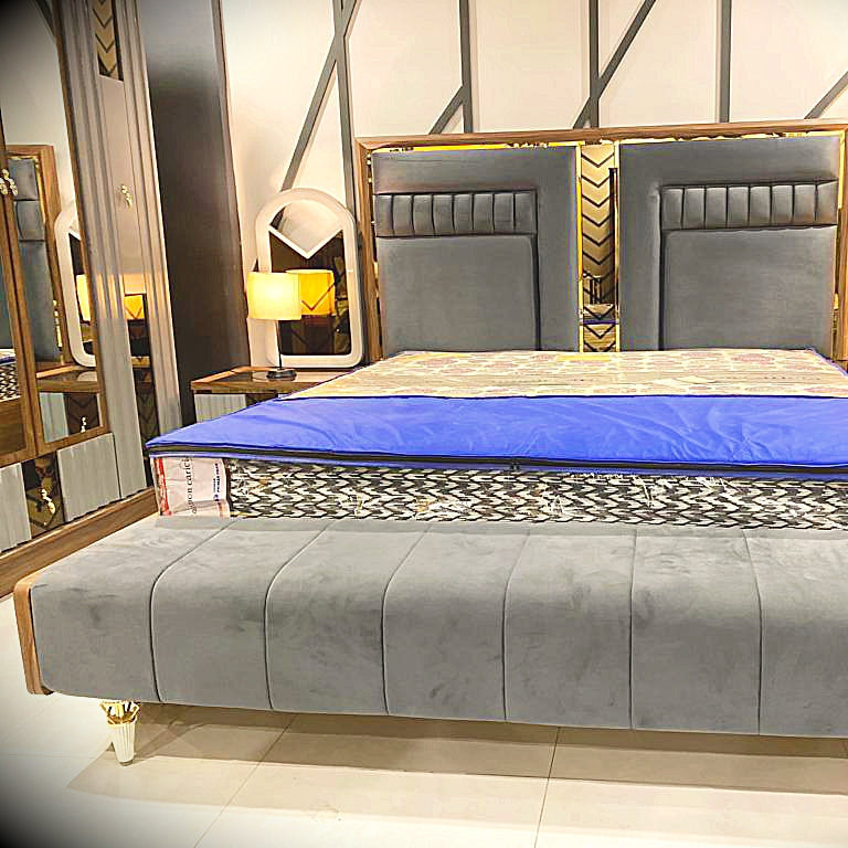 Luxury Grey Velvet Bedroom Set with Modern Headboard & Bench