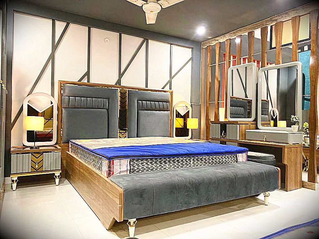 Luxury Grey Velvet Bedroom Set with Modern Headboard & Bench