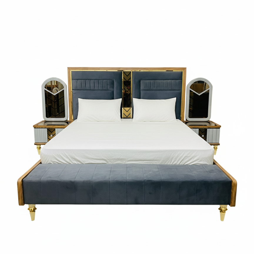 Luxury Grey Velvet Bedroom Set with Modern Headboard & Bench