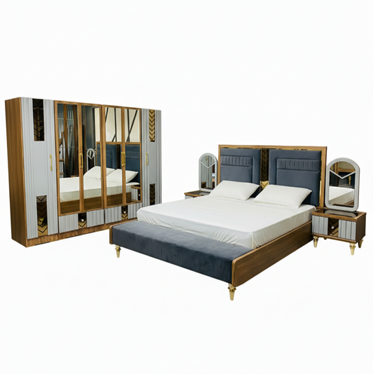 Luxury Grey Velvet Bedroom Set with Modern Headboard & Bench