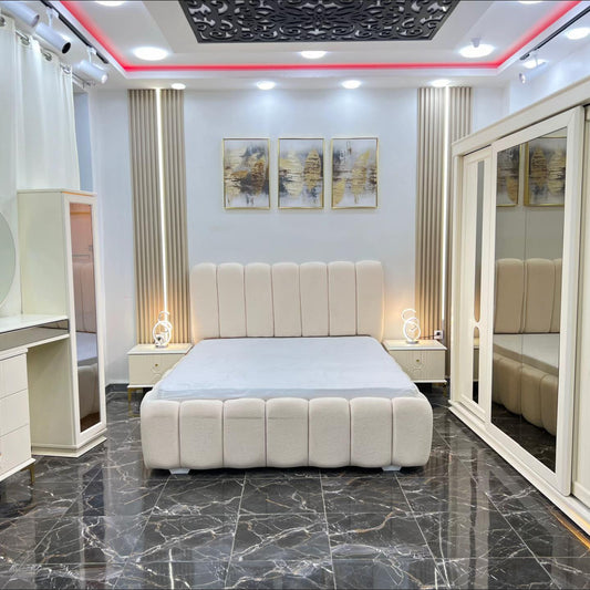 Modern Luxury Bedroom Set – Elegant White with Marble Finish