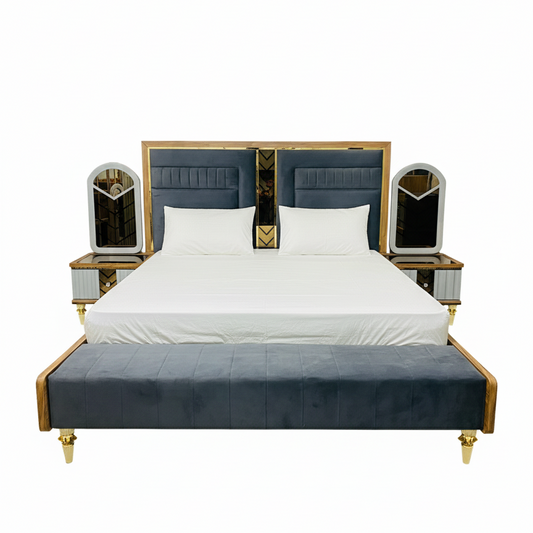 Luxury Grey Velvet Bedroom Set with Modern Headboard & Bench